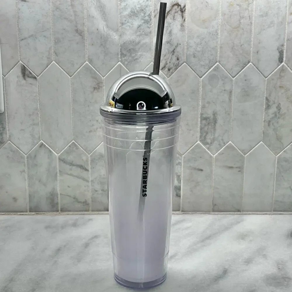 Vintage 2012 Starbucks Dome Shaped Frosted Snow Hombre Chrome Lid Tumbler 24oz